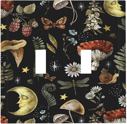 Nature Plant Botanical Daisy Mushroom Snails And Moon Double Toggle Light Switch Cover Decorative 2 Gang Wall Plate Electrical Switchplate Faceplate for Bathroom Decorate Accessories