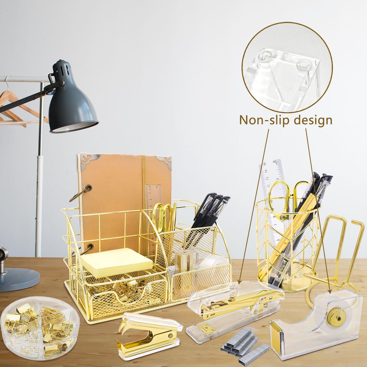 YOLOZAI Office Desk Organizers, Gold 13PCS Office Supplies and Accessories Desk organizer, Acrylic Stapler, Staple Remover, Clips, Scissor, Phone Holder, Pen, Pen Holder