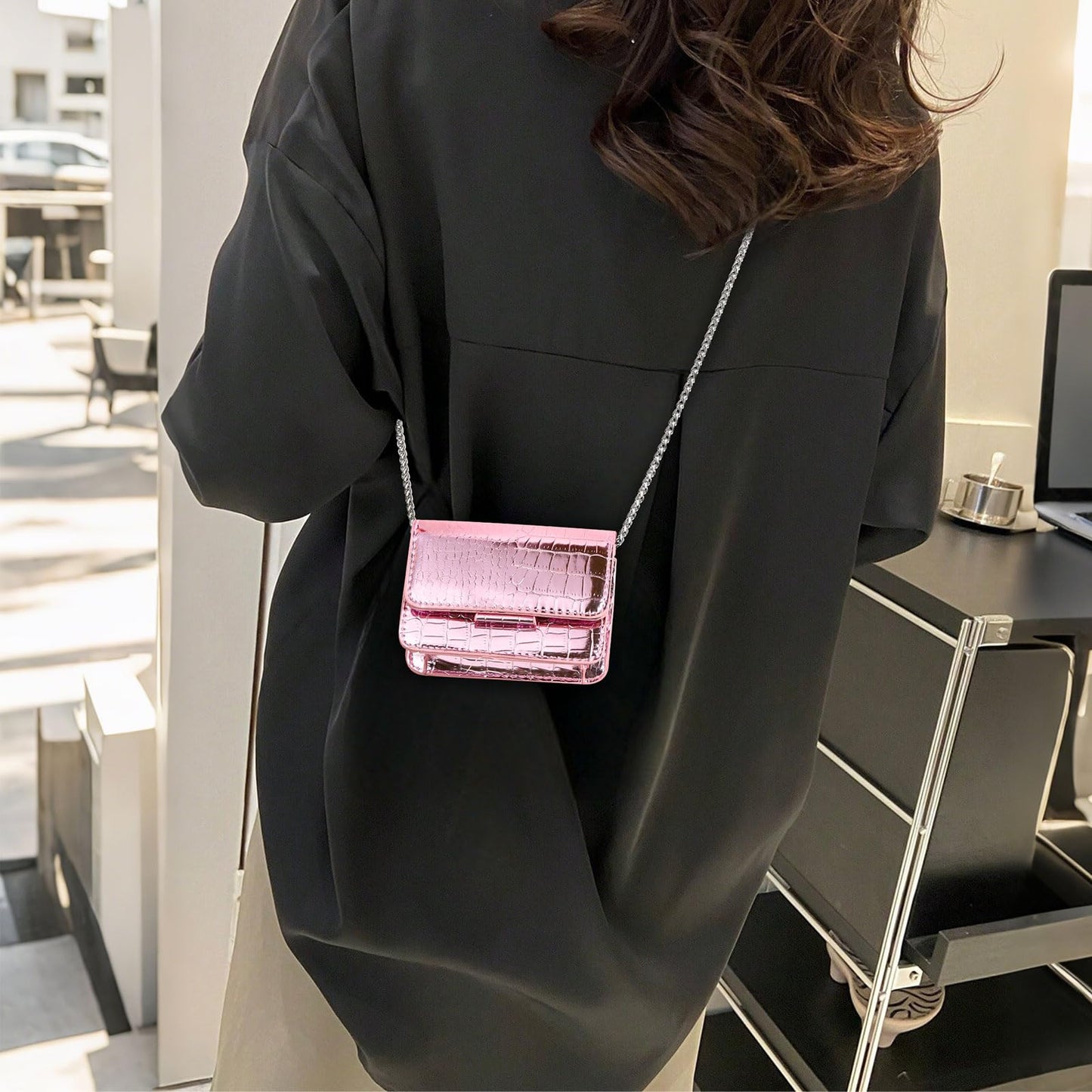 Sightor Silver Mini Crossbody Bag for Women, PU Leather Small Evening Purse, Dressy Clutch Handbag for Nightclub Parties (Pink)