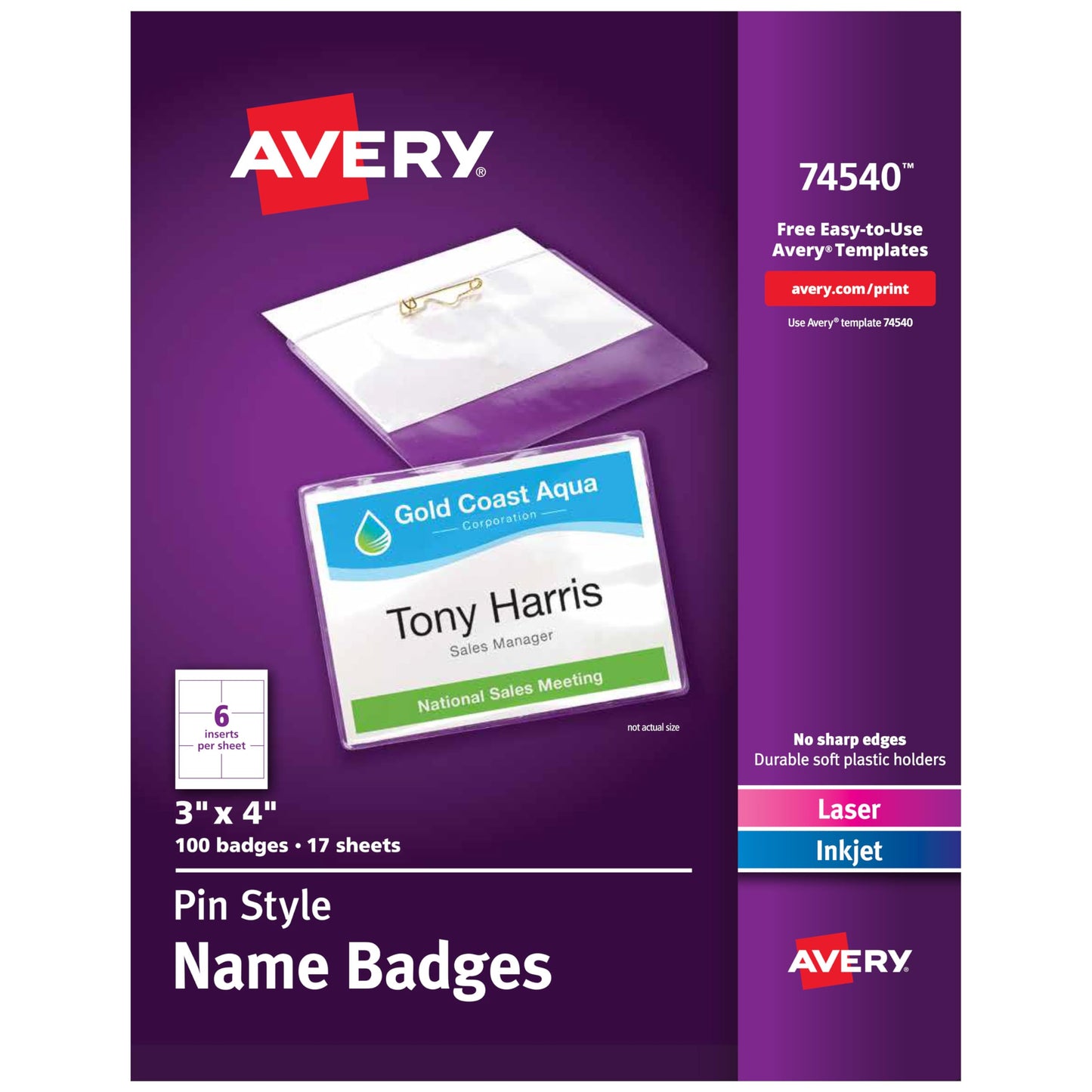 Avery Customizable Name Badges, Pin Style, 3" x 4", Clear Name Tag Holders, White Laser/Inkjet Printable Inserts, 100 Total (74540)
