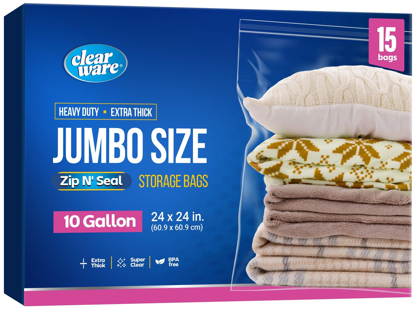 15 Count - Large Storage Bags With Zipper Top, 10 Gallon Size 24" x 24", Extra Large Plastic, For Clothes, Travel, Moving, BPA-Free, Heavy Duty 3-Mil Thick