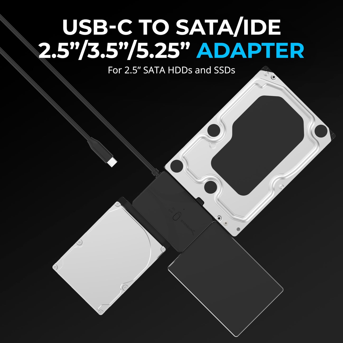 SABRENT USB Type-C to SSD/SATA/IDE 2.5/3.5/5.25-INCH Hard Drive Converter with UL Power Supply & LED Activity Lights [10TB Support] (USB-DS12)