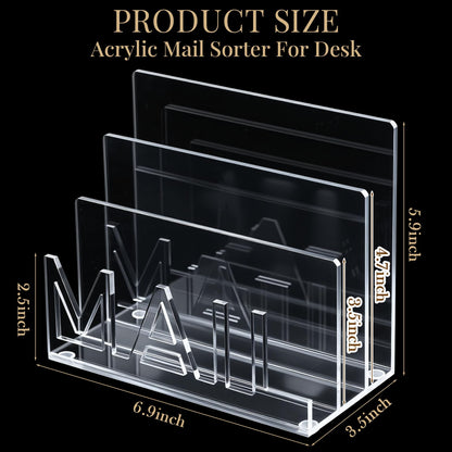 Vercraft Acrylic Mail Holder Countertop, 3-Slot Clear Mail Organizer with Cutout Lettering Design, Desktop Letter Sorter for Office Home Desk, Envelope File Document Storage