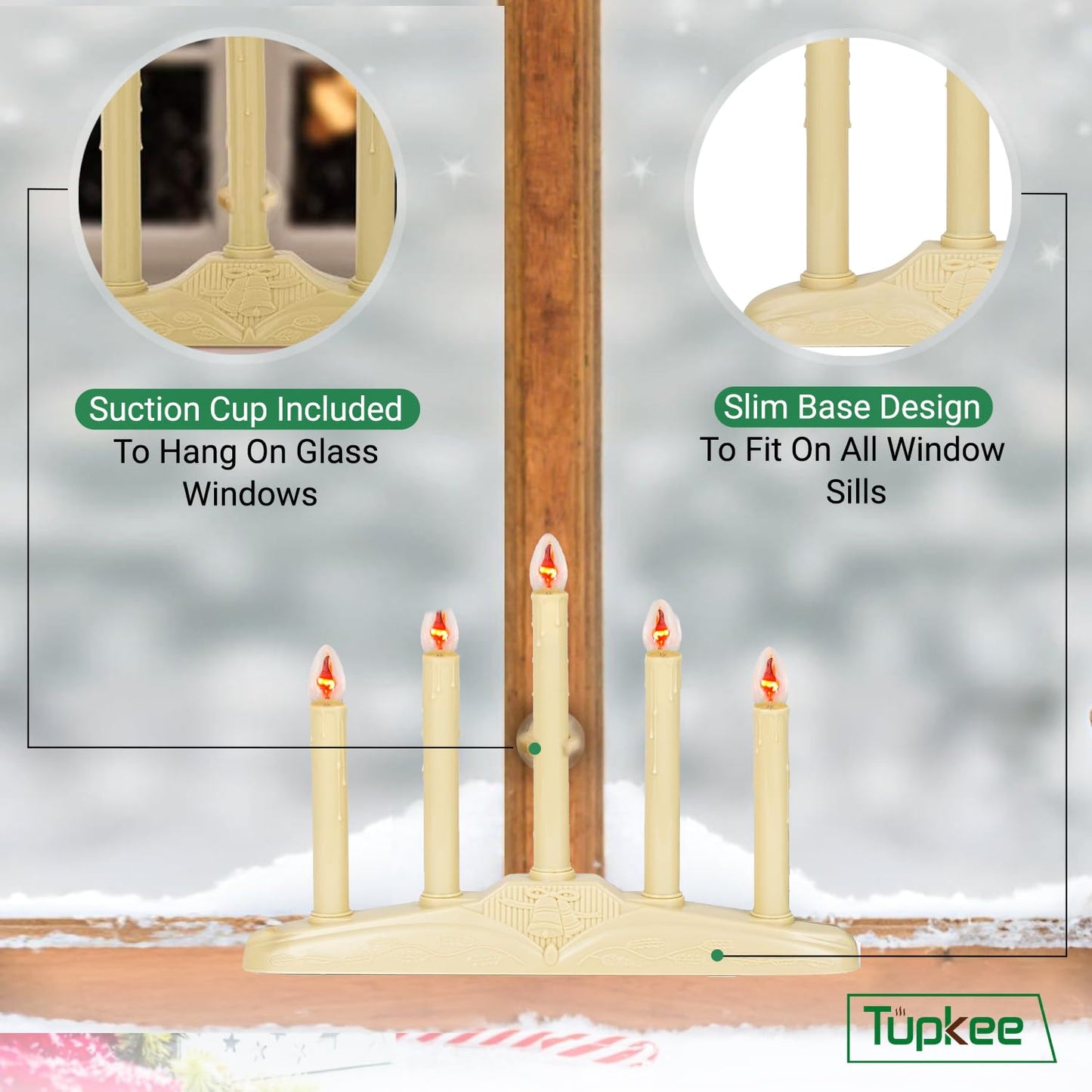 Tupkee Christmas Candolier Window Candles – with Flickering Bulbs – 5-Lights Indoor - Flameless Electric Window Candles Candelabra