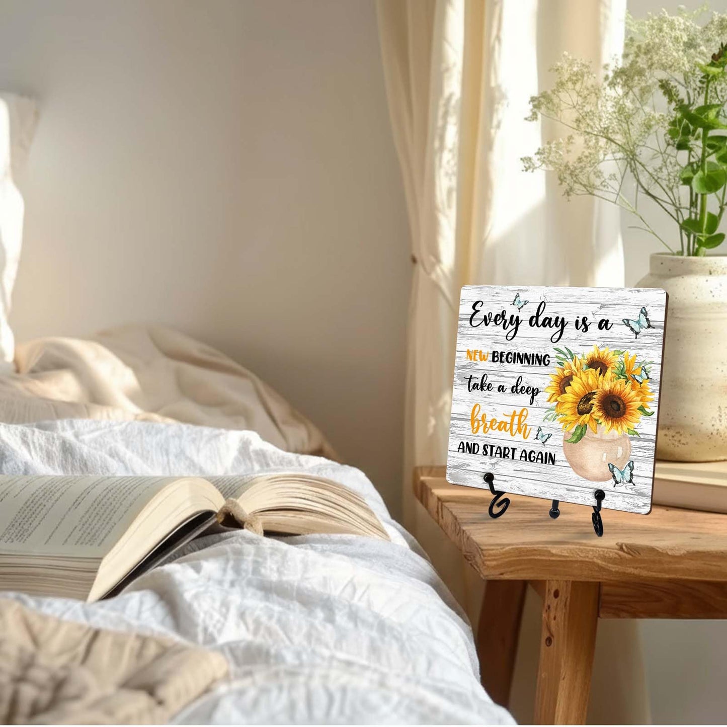Motivational Gifts Wood Decor Sign, Inspirational Sunflower Wooden Rustic Farmhouse Decor with Stand for Home Desk Tabletop Shelf Decorations (A12)