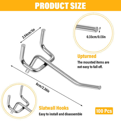 Meyeyaia 100 Pcs Pegboard Hooks 2 Inch Peg Board Shelving Hooks Peg Board Organizer Accessories Pegboard Wall Display Hanging Holders for 1/8 and 1/4 Garage Storage Organizer Tools (Silver)