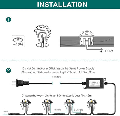 20PCS Low Voltage LED Deck Lighting Kit,0.2W-0.4W Low Voltage Multi-Color RGB Stainless Steel Waterproof Outdoor Landscape Garden Yard Patio Step Decoration Lamps LED In-ground Lights (RGB)