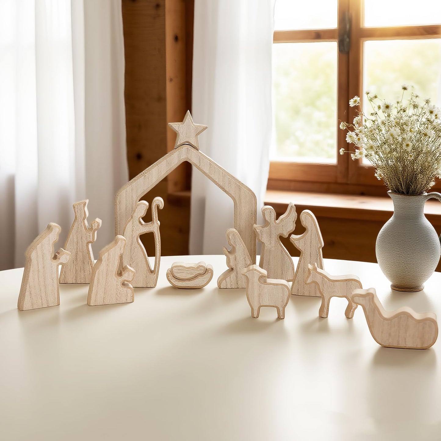 NEROSUN Nativity Scene Set, 13Pcs Wooden Christmas Nativity Scene Miniature Holy Family Figurines, Minimalism Boho Tabletop Christmas Manger Decorations for Christan Indoor Home Mantel Display
