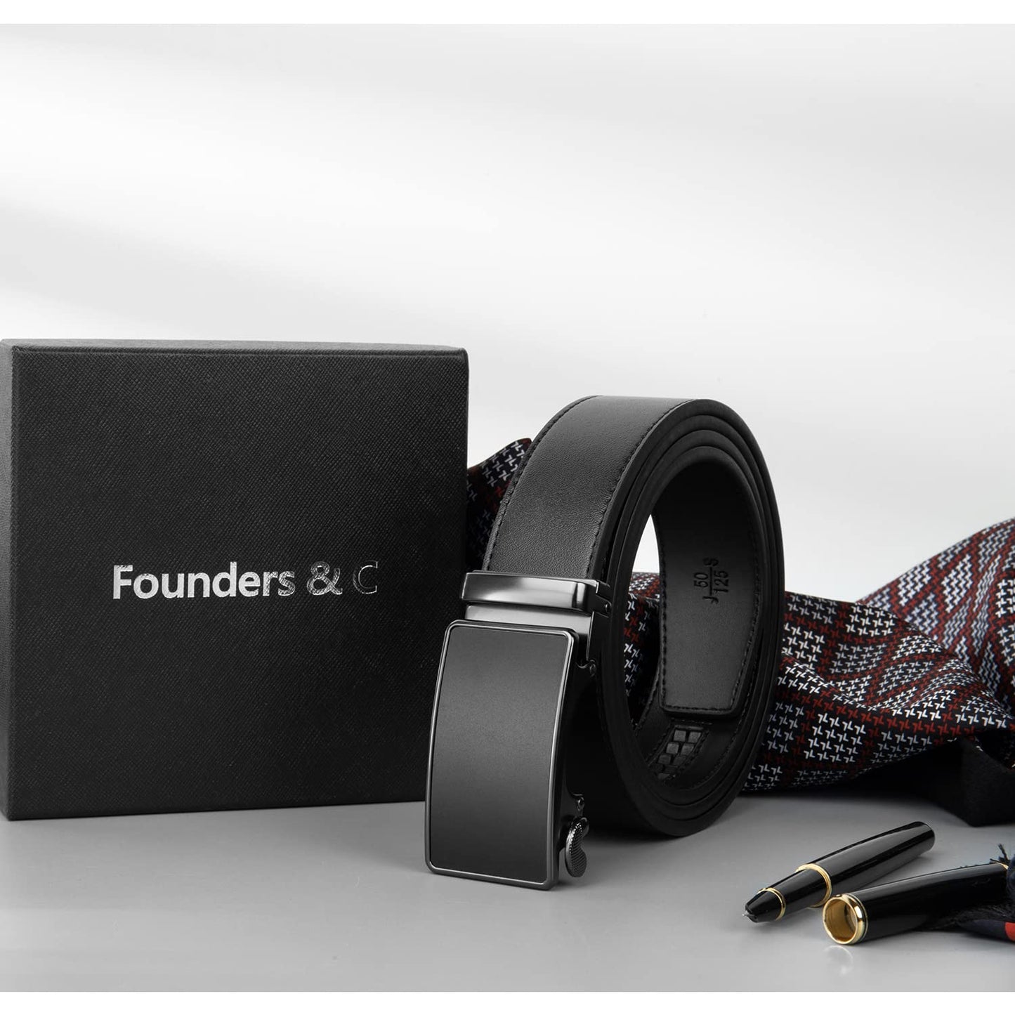 Founders & C Men's Ratchet Belt 1 3/8",Leather Dress Belt Adjustable with Click Sliding Buckle Trim to Exact Fit (Ratchet Leather Black Belt, 22"-34" Waist Adjustable)