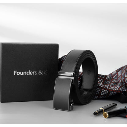 Founders & C Men's Ratchet Belt 1 3/8",Leather Dress Belt Adjustable with Click Sliding Buckle Trim to Exact Fit (Ratchet Leather Black Belt, 22"-34" Waist Adjustable)