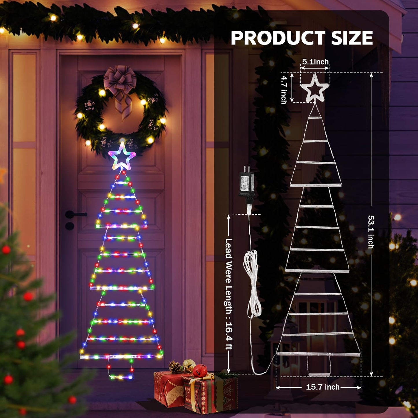 Outdoor Christmas Decorations Lights 4.6ft 175 LED Christmas Tree Ladder Lights with 8 Lighting Modes&Memory Function,Waterproof Christmas Tree Lights for Indoor Outdoor Home Wall Window