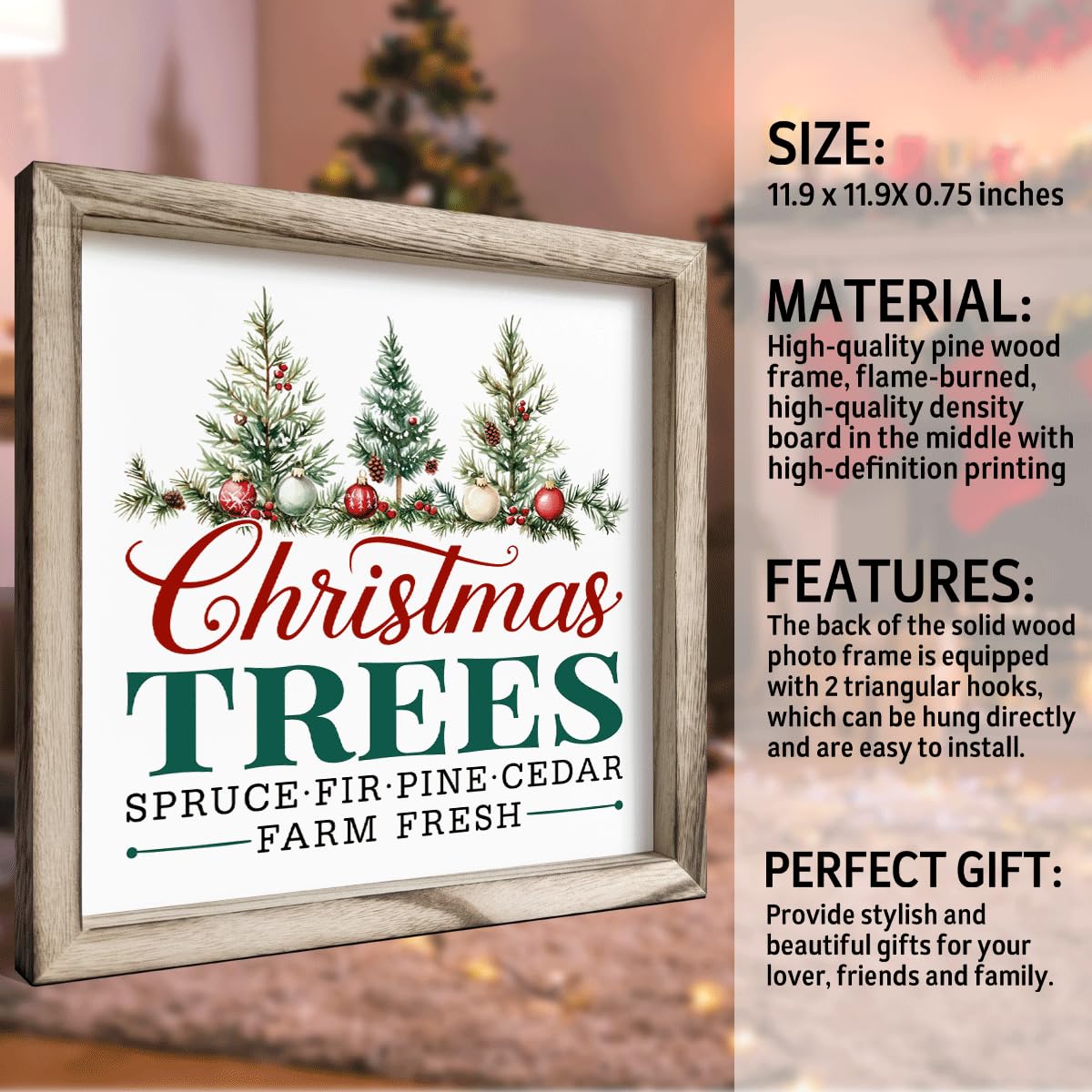 Christmas Wall Decor, Christmas Trees Farm Fresh Sign, Spruce Fir Pine Cedar Framed Wood Wall Accent for Rustic Living Room or Entryway, MDF Holiday Hanging Plaque