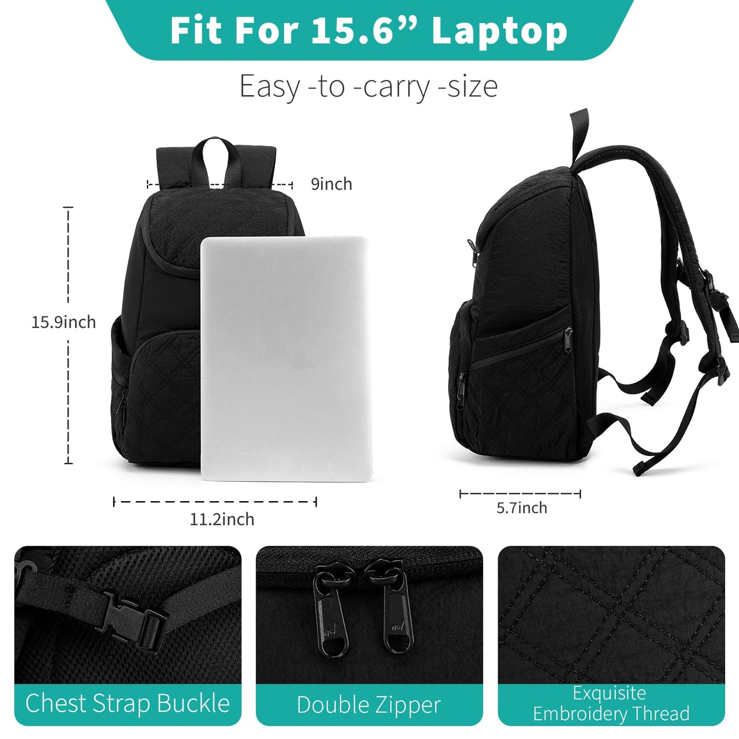 NOL Natural Organic Lifestyle Women's Quilted Puffer Backpack, Large Waterproof Lightweight Puffy Bookbag, Carry on Daypack for Travel, Work (Black)