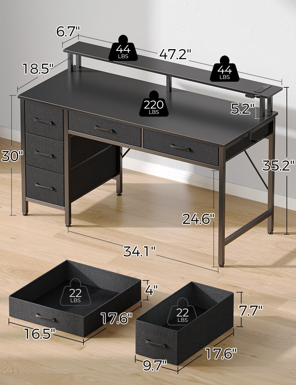 Seventable Computer Desk with Power Outlets & LED Light, 47 inch Home Office Desk with 5 Drawers, Writing Desk with Monitor Stand, Work Desk for Home Office, Black