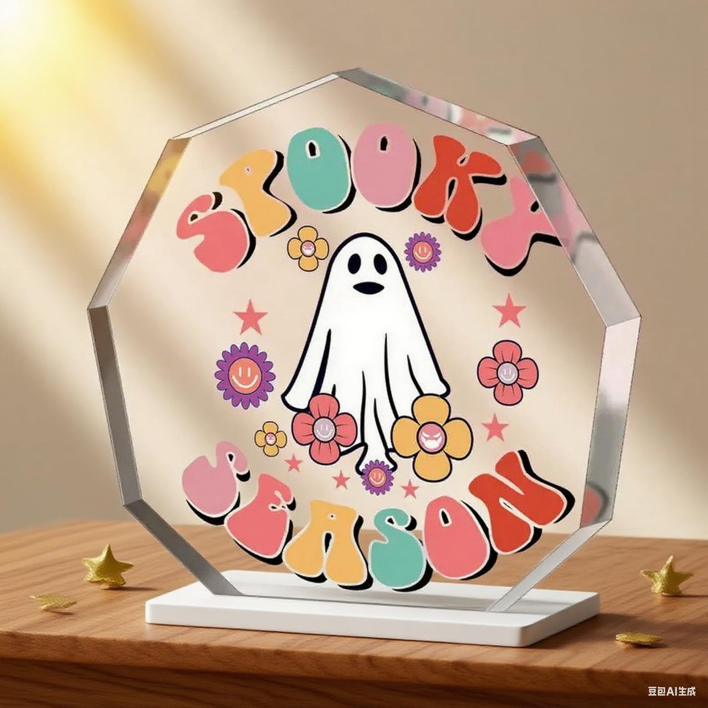 BHOOKA Cute Halloween Ornaments Clear Acrylic Enneagon Shaped Desk Sign Little Ghost & Flower Theme Plaque Happy Halloween Decorations for Holiday Party Home, Desktop Ornament Gifts