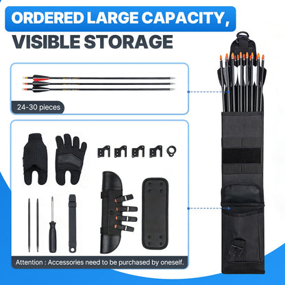 AHOSOUTLY Adjustable Lightweight Archery Back Quiver - 24-30 Arrow Capacity with Molle System & Large Storage Pocket, Three-Point Harness for Bow Hunting and Target Practice(Black) (Black)