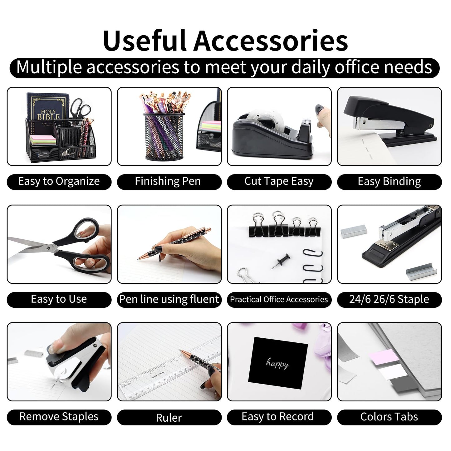 Shellvcase Black Desk Organizers and Accessories,12pcs Office Supplies Set With Pen Holder, Tape Holder, Stapler, Scissors, Ruler, Staple Remover for Office & Study Room, Gift for Coworker