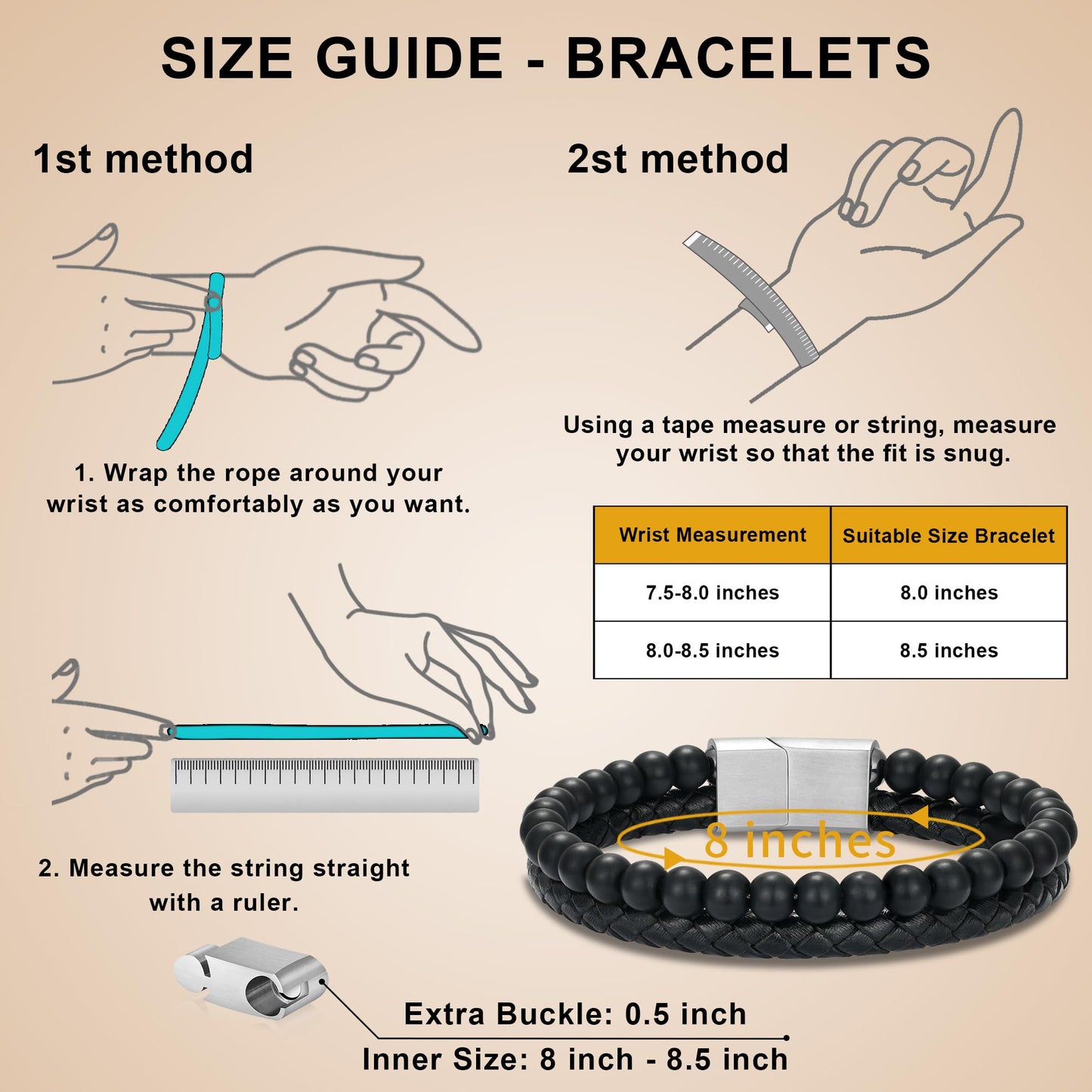 LUXEJEW Mens Bracelet - Black Leather Beaded Bracelets for Men with Magnetic Clasp Letter H Initial Bracelet 6mm Matte Agate Beads Stone Mens Jewelry Birthday Gifts for Men Husband Boyfriend