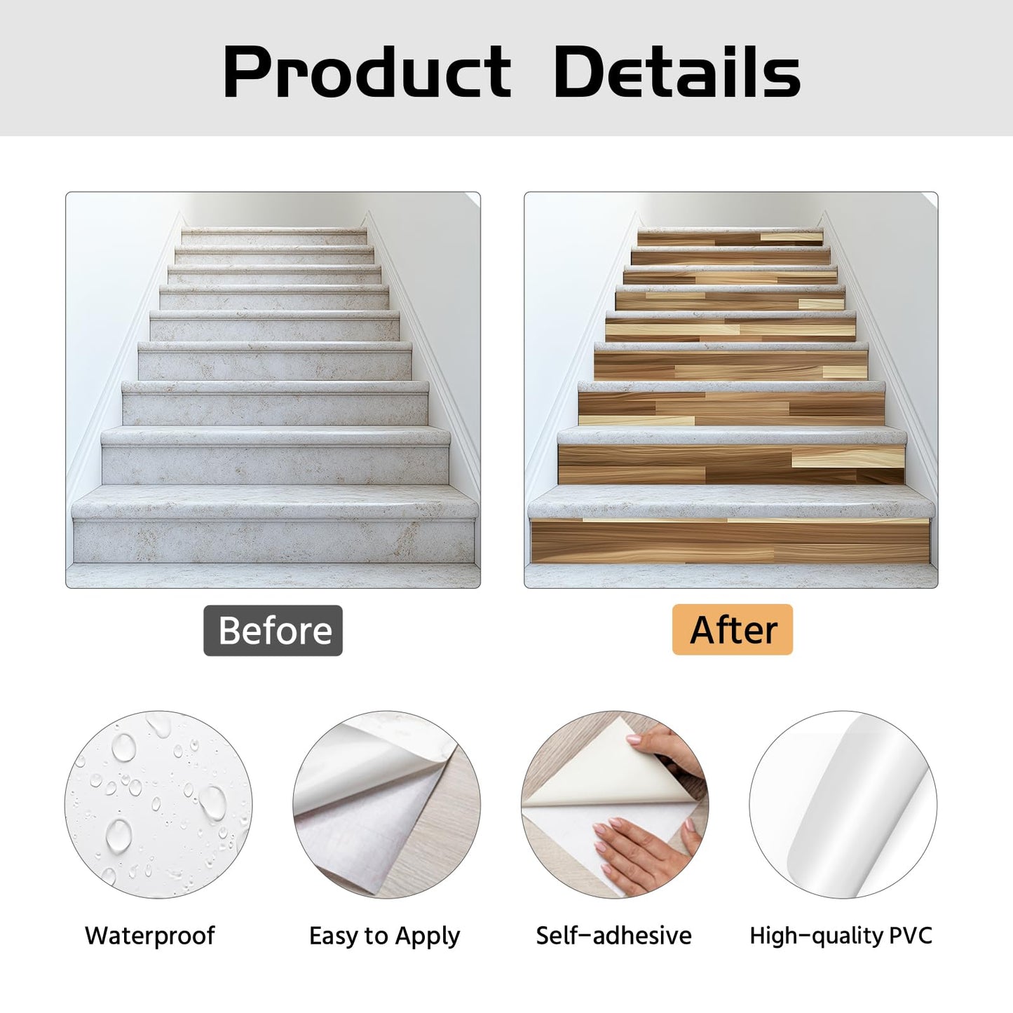 PLIGREAT 15 Strips Brown Wood Pattern Stair Decals Peel and Stick Stairs Riser Stickers Lifelike Style Murals Decor for Steps 7.1"x39" Self-Adhesive Stair Riser Decals for Home Hotel Decor