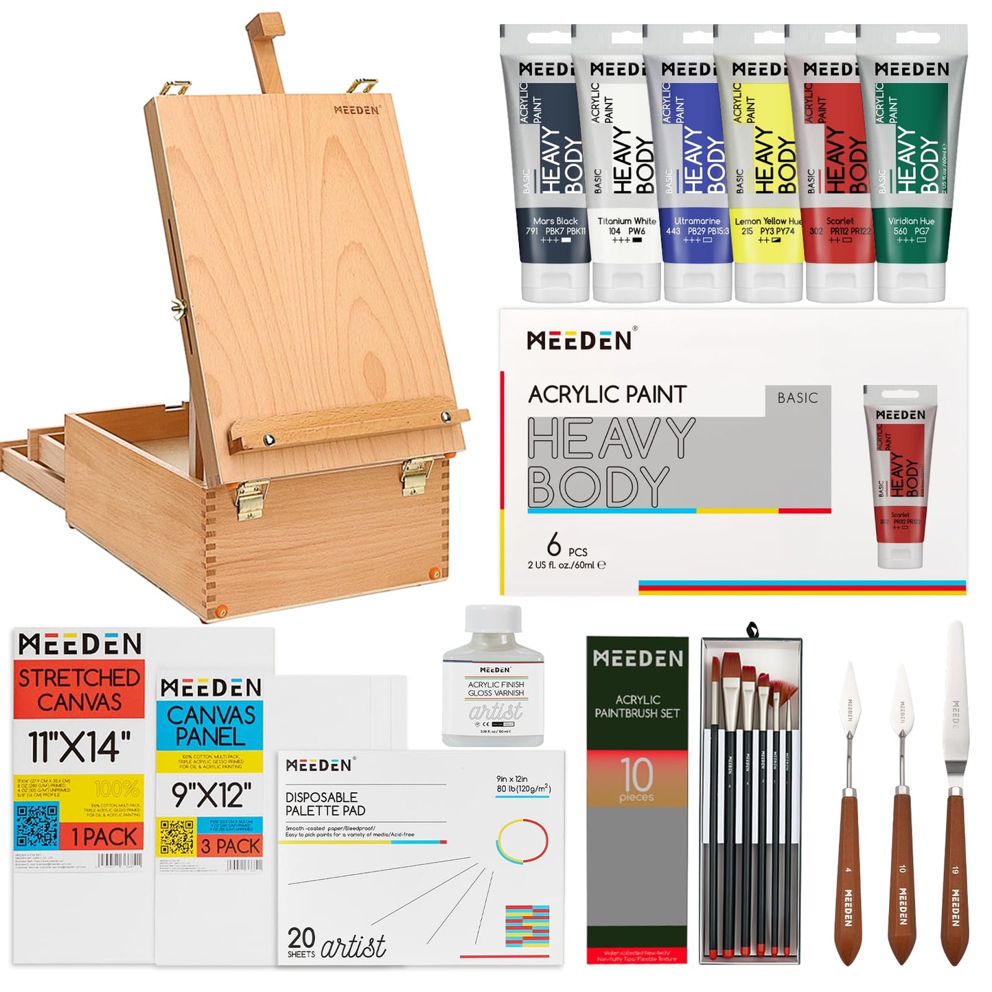 MEEDEN Acrylic Painting Set with Easel: 44 Pcs Art Supplies Painting Kit with Tabletop Box Easel for Adults - 6 Acrylic Paints, Paintbrushes, Canvas, Palettes & Accessories
