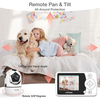 VTimes Baby Monitor with Camera and Audio, 2.4'' LCD Screen, Video Baby Monitor No WiFi Night Vision VOX Mode Pan-Tilt-Zoom Temperature Display Two-Way Audio Lullabies Feeding Alarm and 1000ft Range