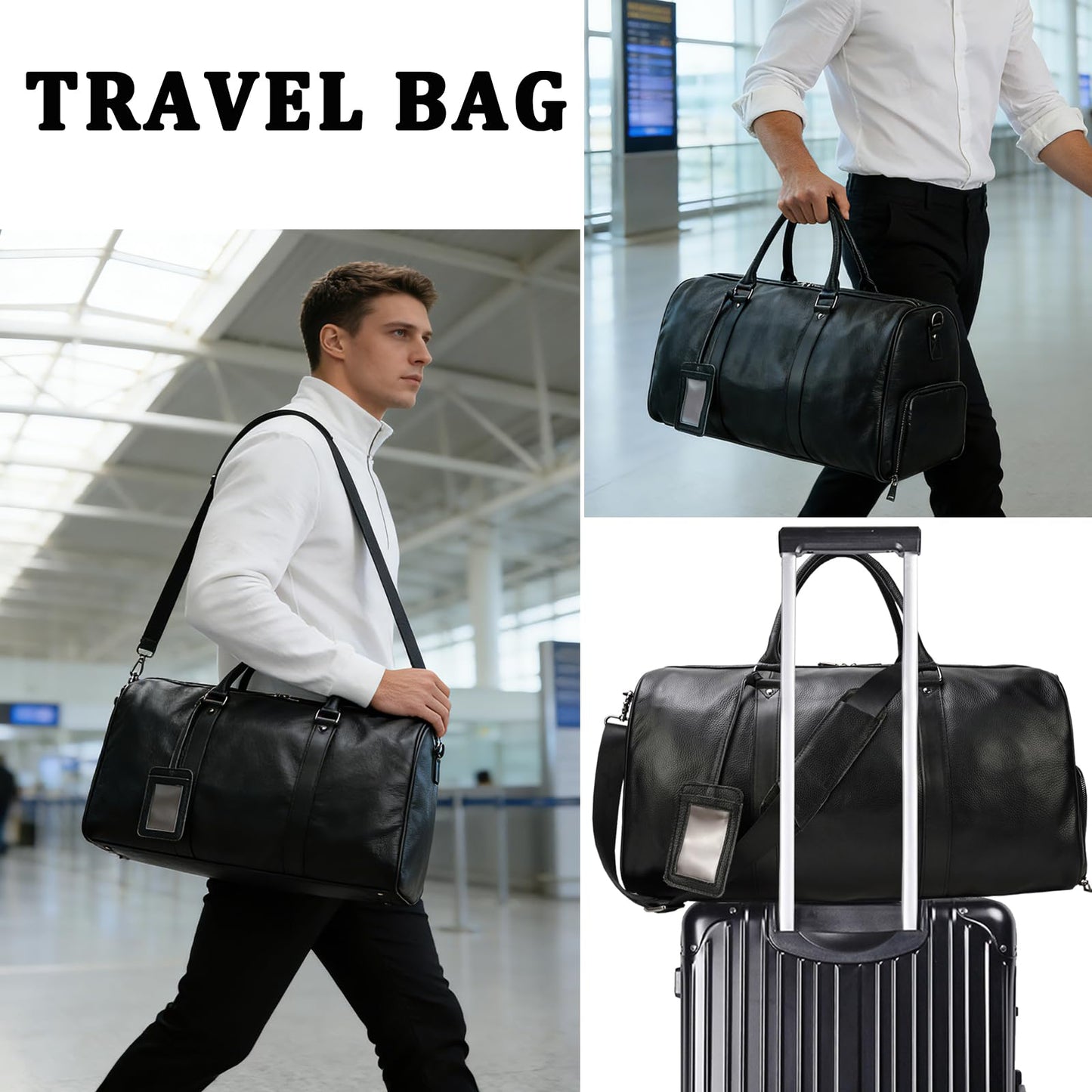 Leather Travel Duffle Bag with Shoe Pouch, Cabin Friendly Weekender Overnight Bags, Carry On Sports Gym Bag for Men Women