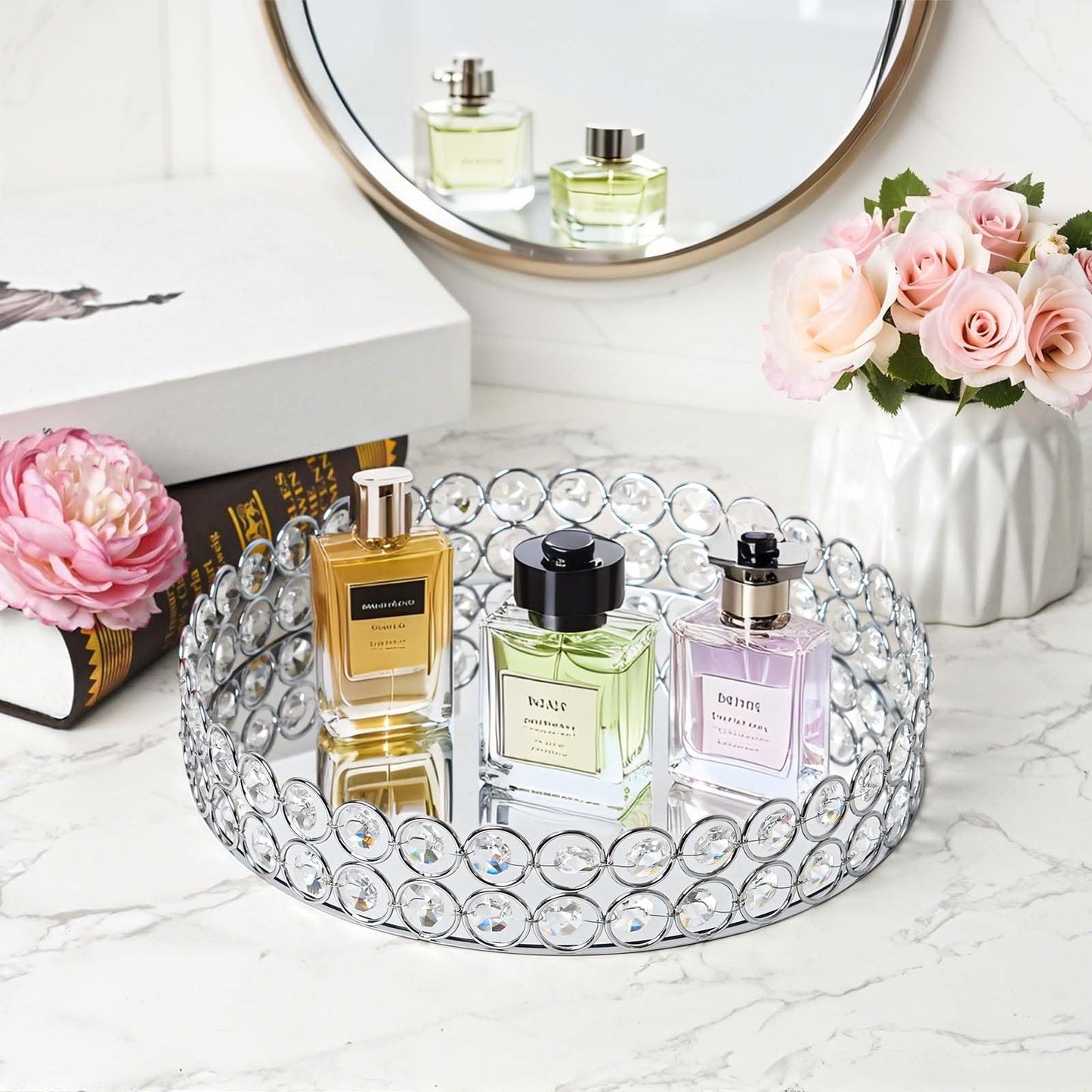 KEHAIL 2 Pcs Silver 10" Round Metal Mirror Crystal Tray – Vanity Tray for Makeup, Perfume, Jewelry & Dessert Display, Elegant Decorative Serveware, Christmas & Birthday Gift
