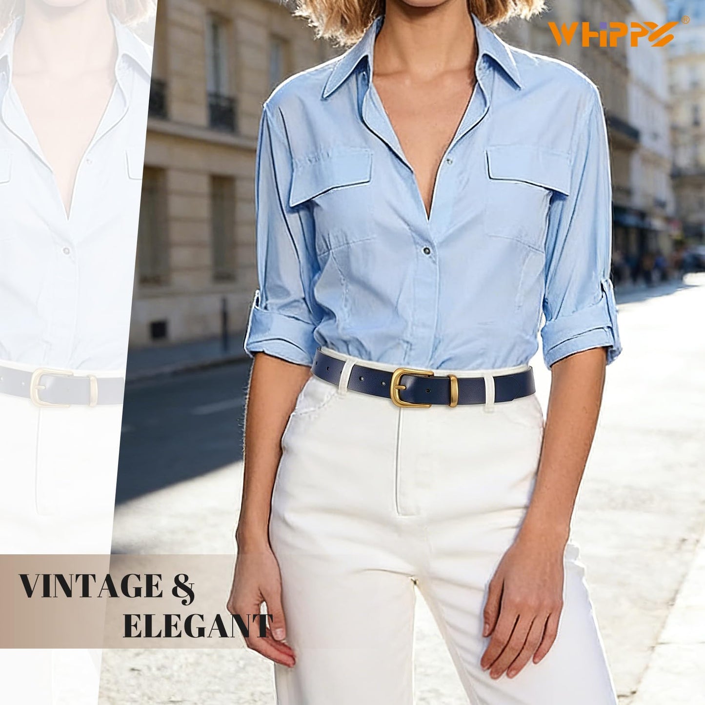 WHIPPY Womens Genuine Leather Belts for Jeans Pants Fashion Vintage Ladies Leather Belt with Gold Buckle, Navy Blue, S
