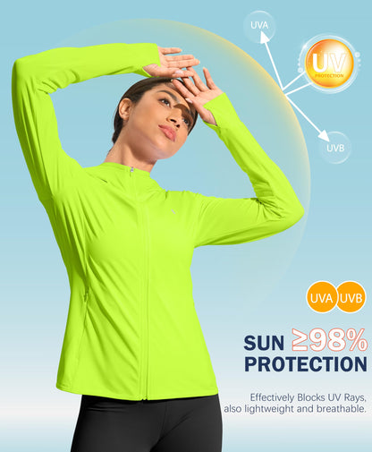 Soothfeel Women's UPF 50+ Sun Protection Hoodie Jacket Lightweight Long Sleeve Sun Shirt for Women with Pocket Hiking Outdoor(Fluorescent Green, 3X-Large)