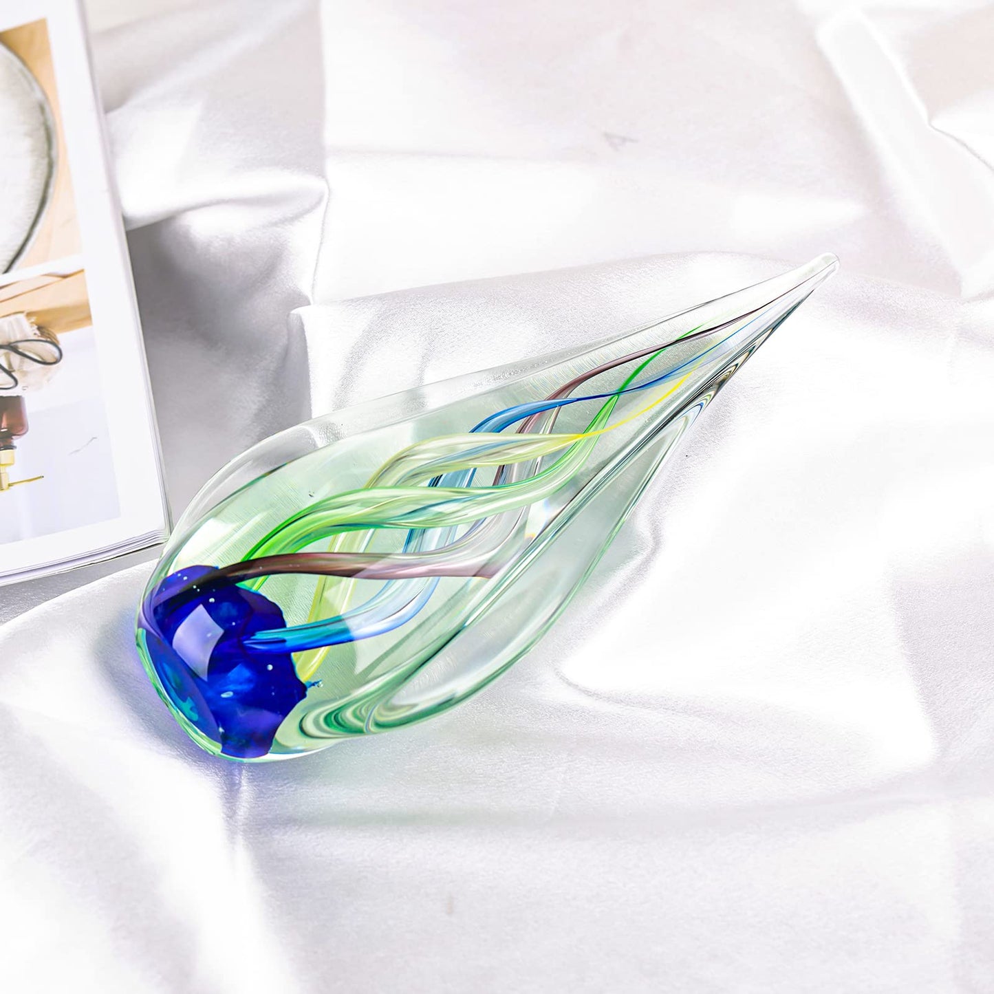 LCCCK 9" Tall Sculpture Hand Blown Glass Decor, Paperweight for Office Desk, Modern Glass Art Figurines Mediterranean Beach House Decor, Living Room Coffee Shelves Table Top Decoration (Aqua)