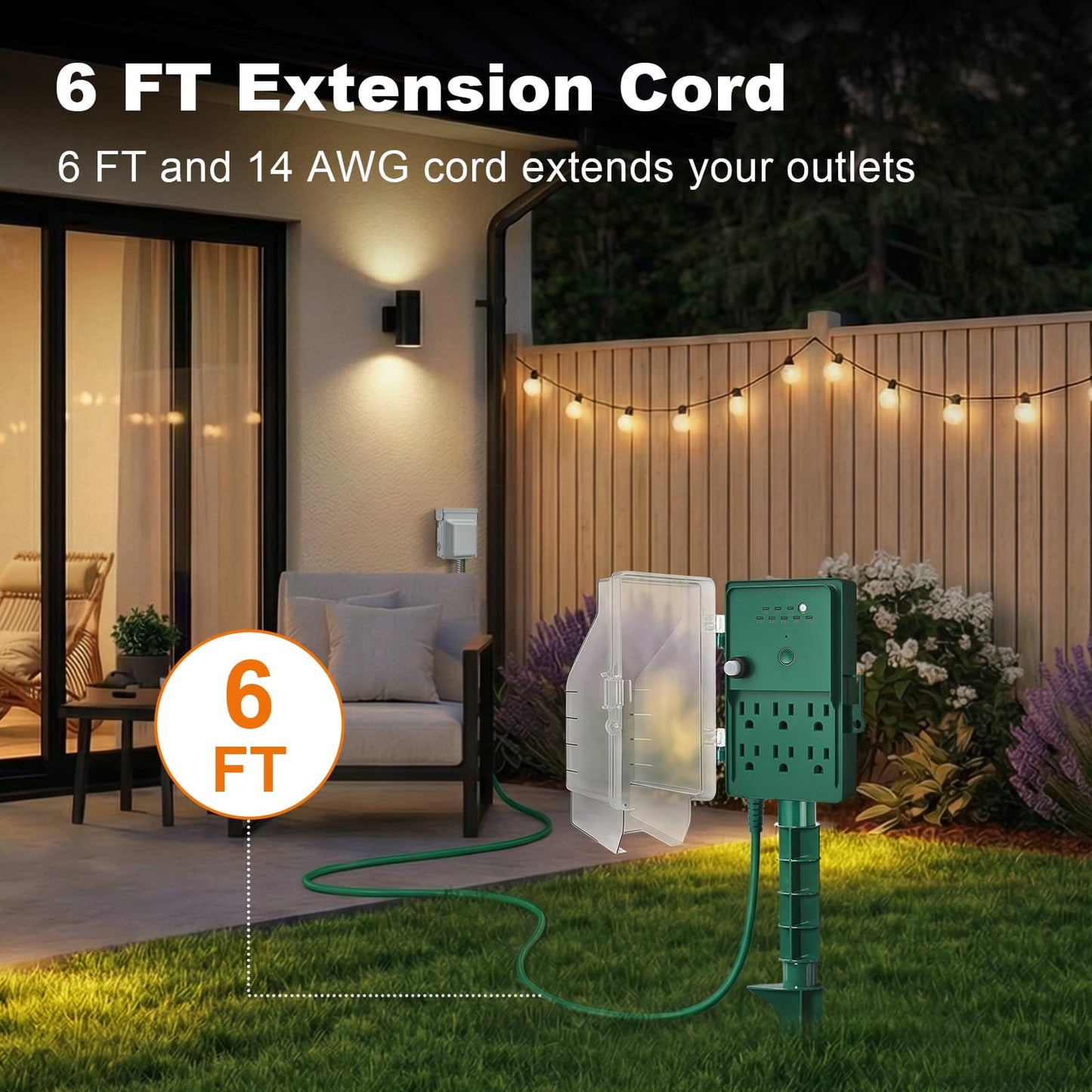 SURAIELEC Outdoor Power Stake, Dusk to Dawn Light Timer, 6 Electrical Outlet Power Strip Waterproof, 6 ft Extension Cord for Patio Lights, Sprinkler, Garden, Christmas Decorations, Outdoor Light