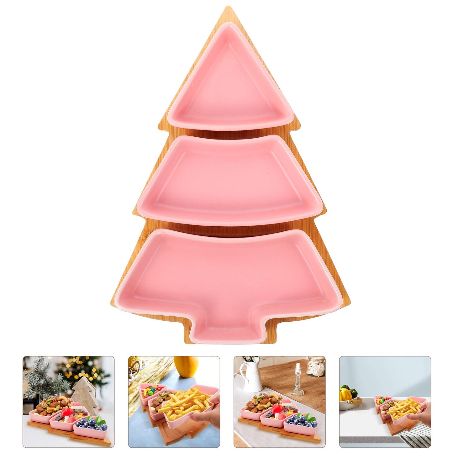 DOITOOL Christmas Tree Ceramic Dish with Wooden Tree Tray, 10.39 in Christmas Tree Shape Serving Tray Platter Set, Festive Tableware for Candy Snacks Fruit Cookie, Holiday Party Supplies (Pink)