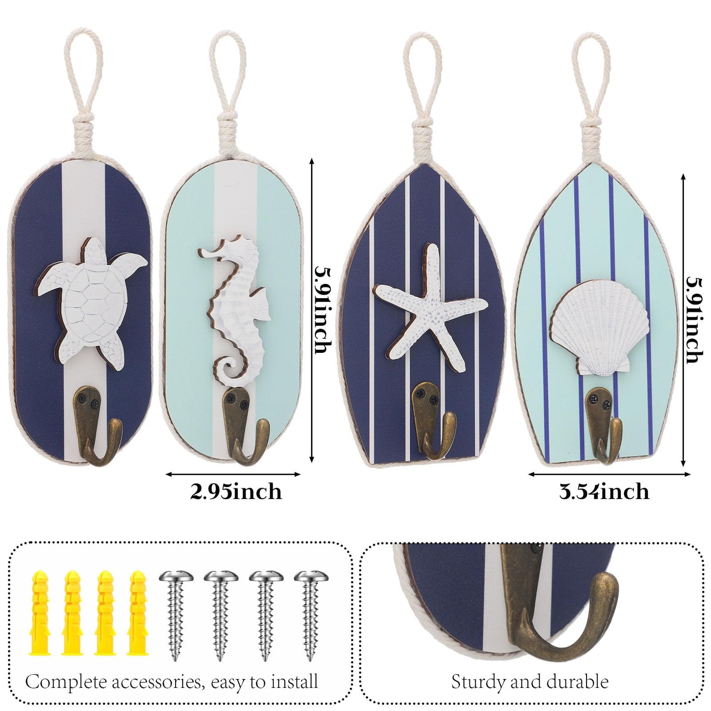 Weysat 4 Pcs Nautical Sea Animal Wall Hooks Sea Turtle Starfish Seahorse Seashell Wall Mounted Key Holder Bathroom Decor Rustic Decorative Hook for Living Room Bathroom