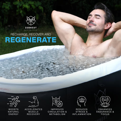 Zennest Patented XL Inflatable Oval Ice Bath Tub for Athletes – 140 Gal Insulated Cold Plunge Tub, Chiller Compatible, Dual-tub Air-Cavity Max Insulation & Ultra-Firm 8-Stand Frame - Cold Plunge Pool