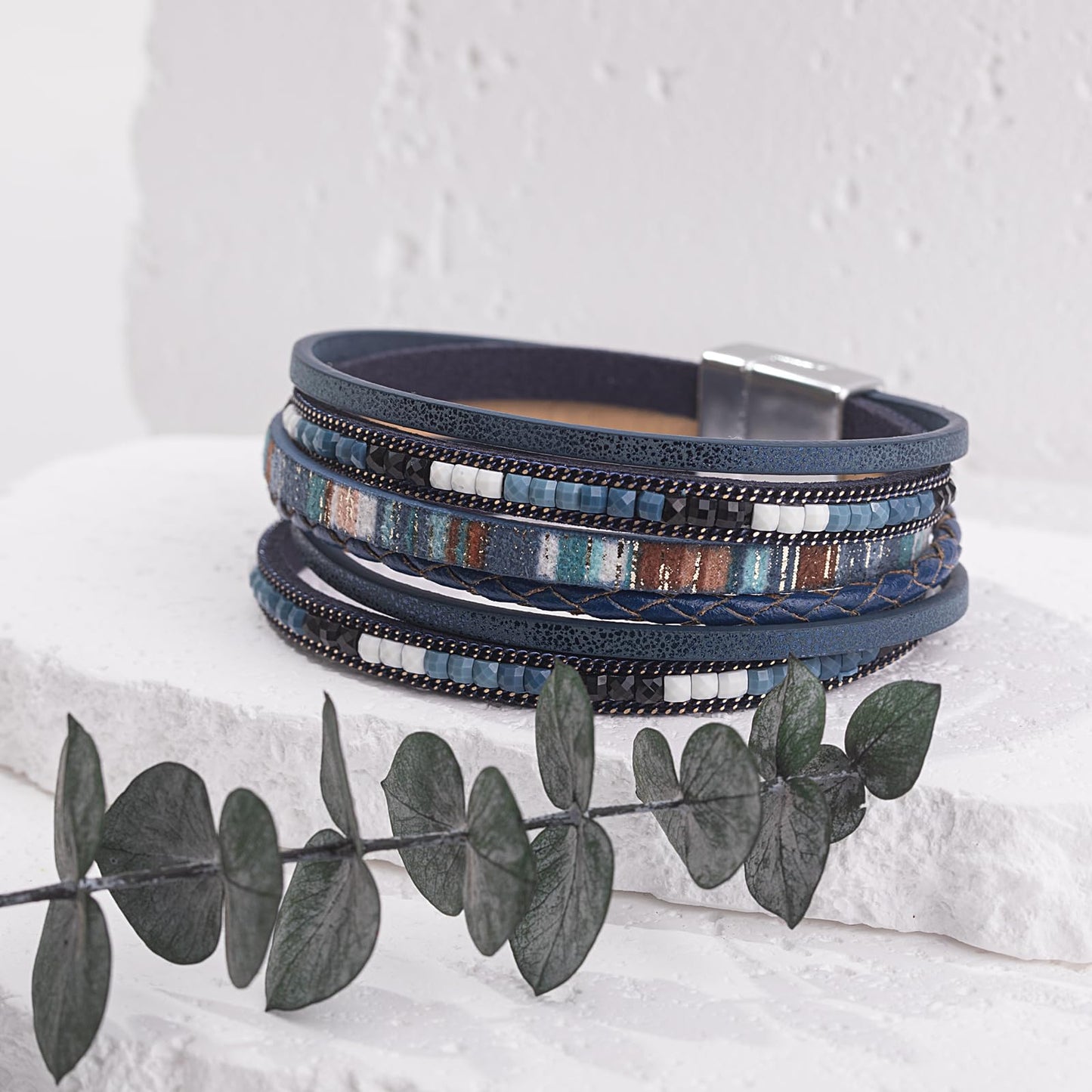 FANCY SHINY Boho Leather Wrap Bracelets Trendy Layered Bracelets with Magnetic Clasp Strackable Bohemian Cuff Jewelry Gifts for Women(Navy Blue)