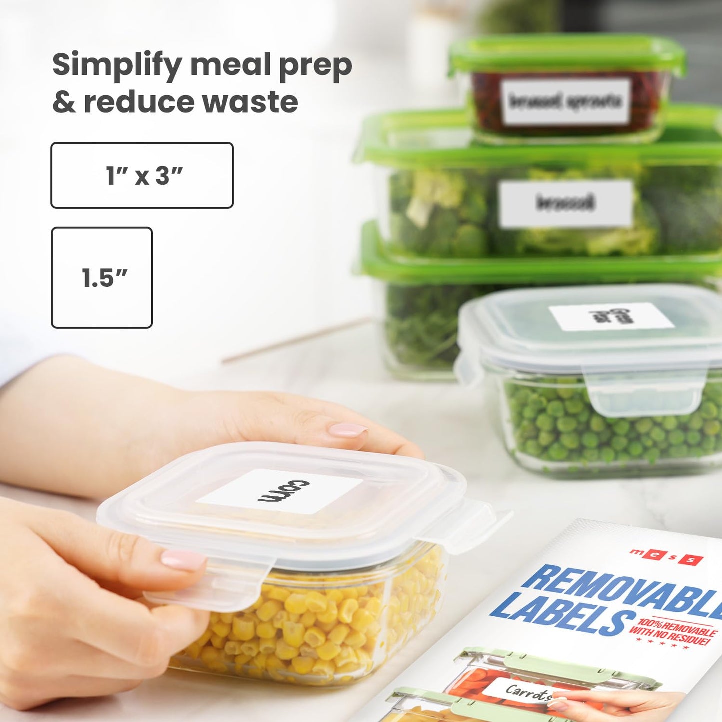 MESS Removable Food Labels for Containers (96-Pack) 1x3" & 1.5" Erasable Kitchen Labels for Organizing, Freezer & Fridge, White Dry Erase Labels for Jars