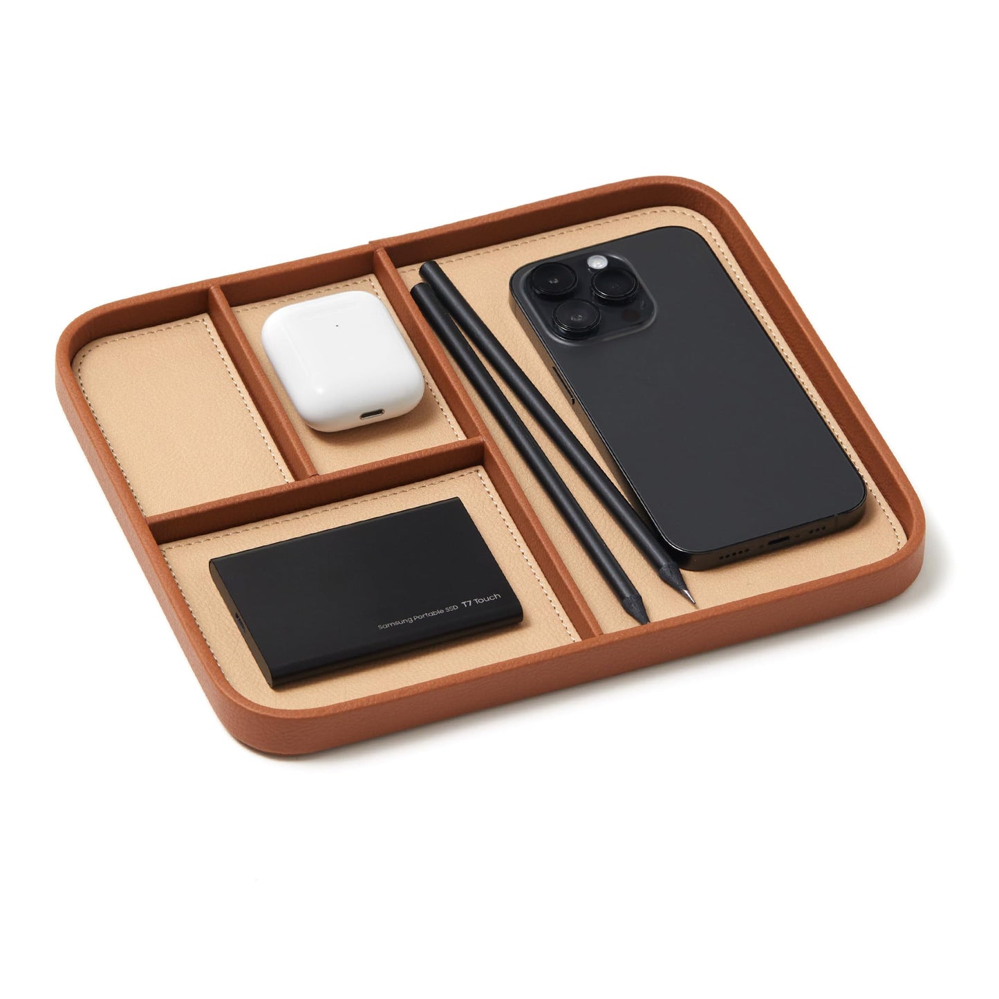 Nordik Leather Valet Tray - Sand Brown - 9.5 x 7.9 Inch Medium Vegan Leather Tray - Stylish Nightstand Organizer for Men - Modern Bedside Caddy - EDC Catchall for Key Watch Wallet Jewellery