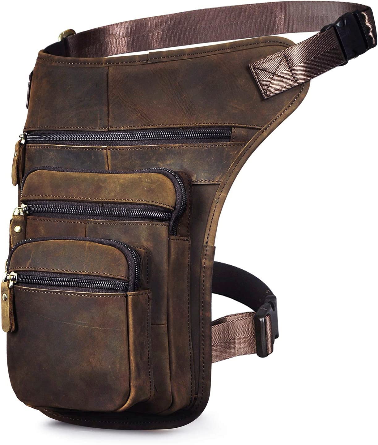 Le'aokuu Mens Genuine Leather Motorcycle Tactic Belt Waist Pack Drop Leg Cross Over Bag (3111 Brown)