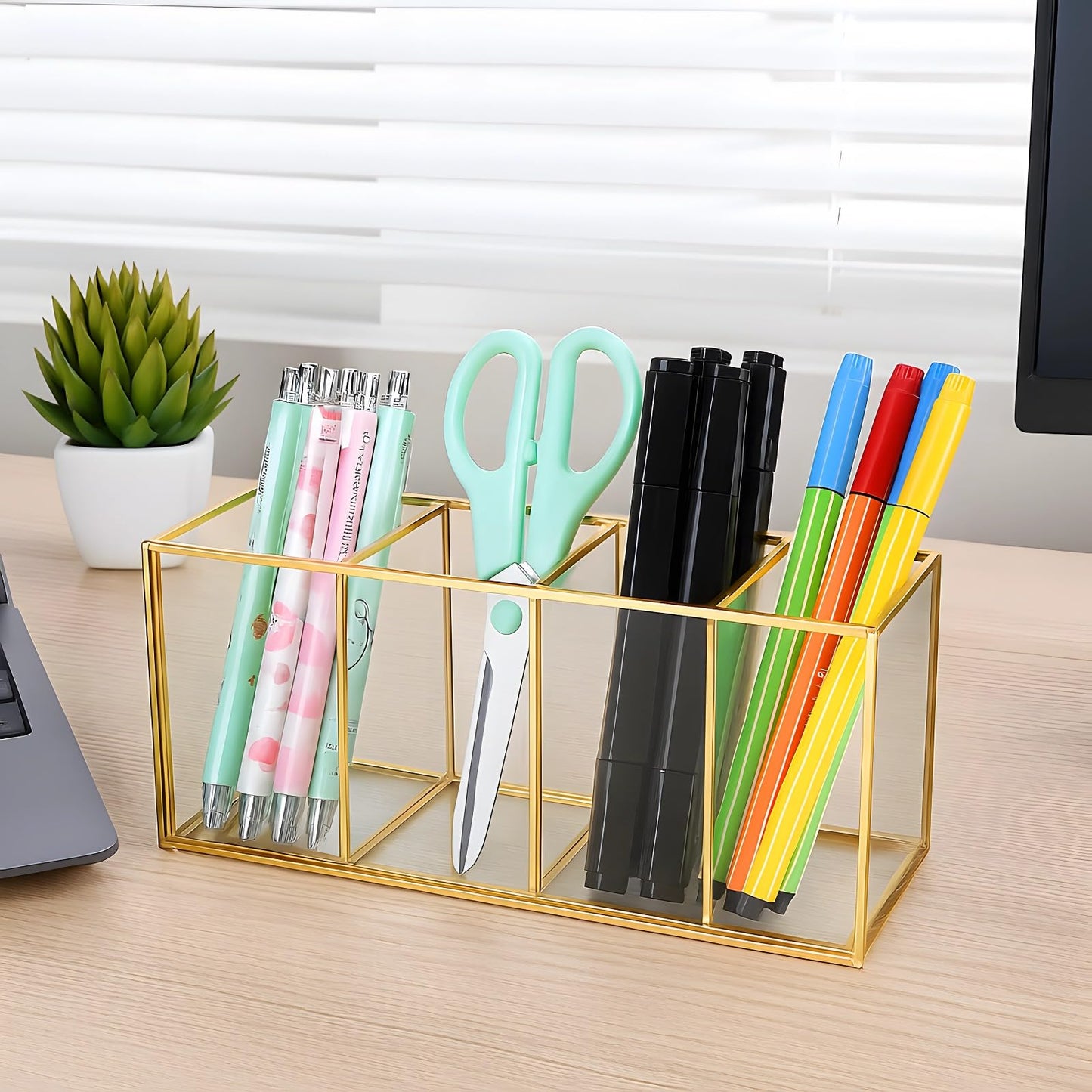 Toyosport Gold Pencil Holder, Gold Makeup Brush Holder, 4-Compartment Desktop Organizer, Transparent Glass Holder, Ideal for Makeup, Office, School Items Storage