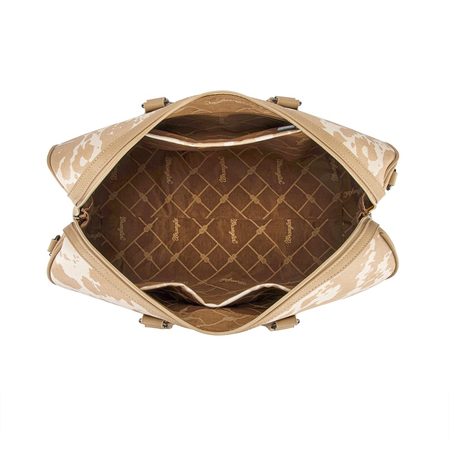 Wrangler Rustler Wildside Cow-Print Weekender Duffel Bag Large Carry On Bags with Tassels, Tan
