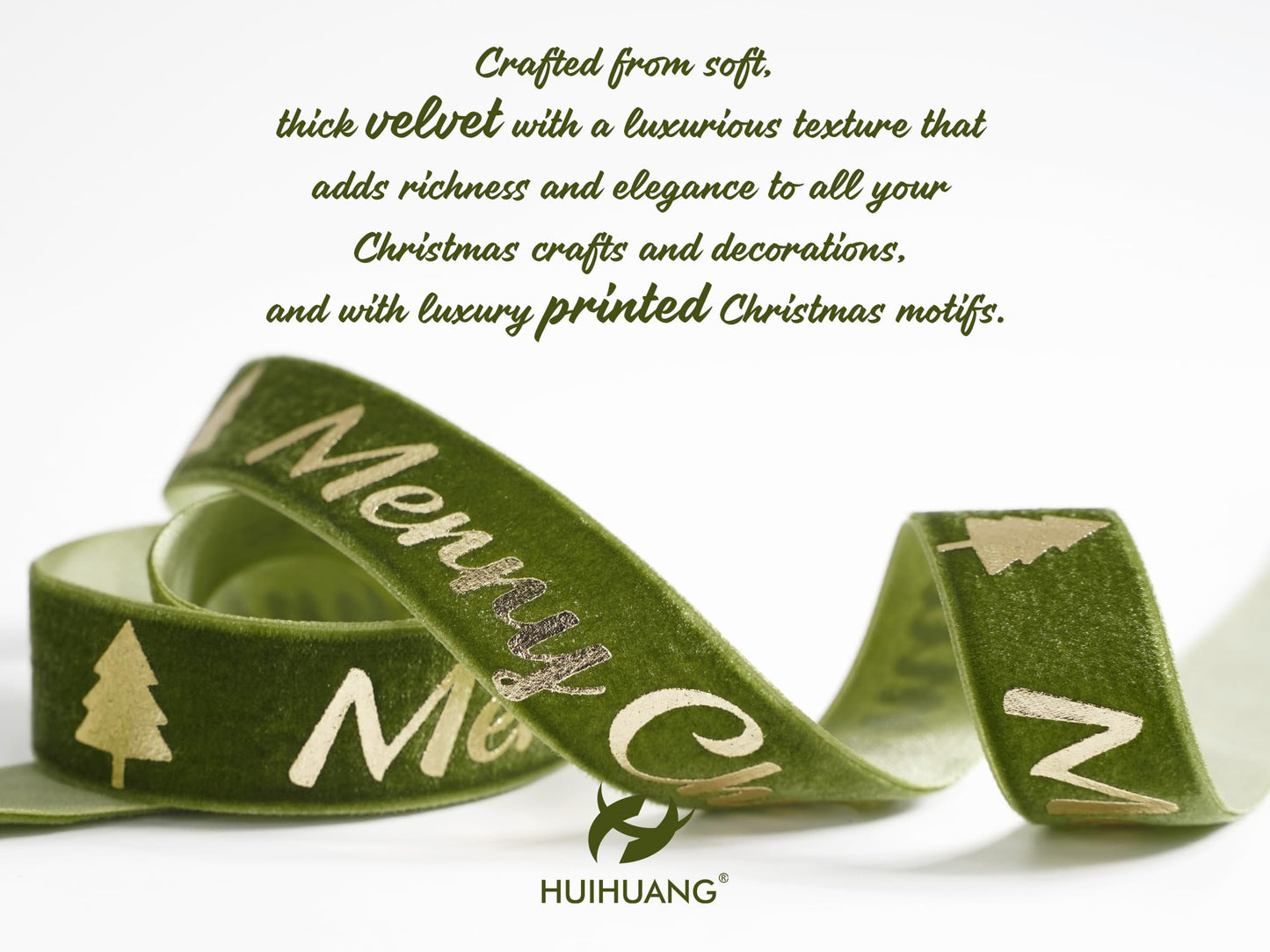 HUIHUANG Christmas Velvet Ribbon 1 inch Moss Green Velvet with Gold Merry Christmas Tree Ribbon for Gift Wrapping, Tree Ornaments, Wreaths, Garlands, DIY Crafts- Continuous 10 Yards