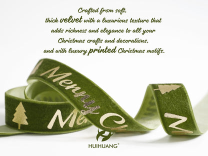 HUIHUANG Christmas Velvet Ribbon 1 inch Moss Green Velvet with Gold Merry Christmas Tree Ribbon for Gift Wrapping, Tree Ornaments, Wreaths, Garlands, DIY Crafts- Continuous 10 Yards