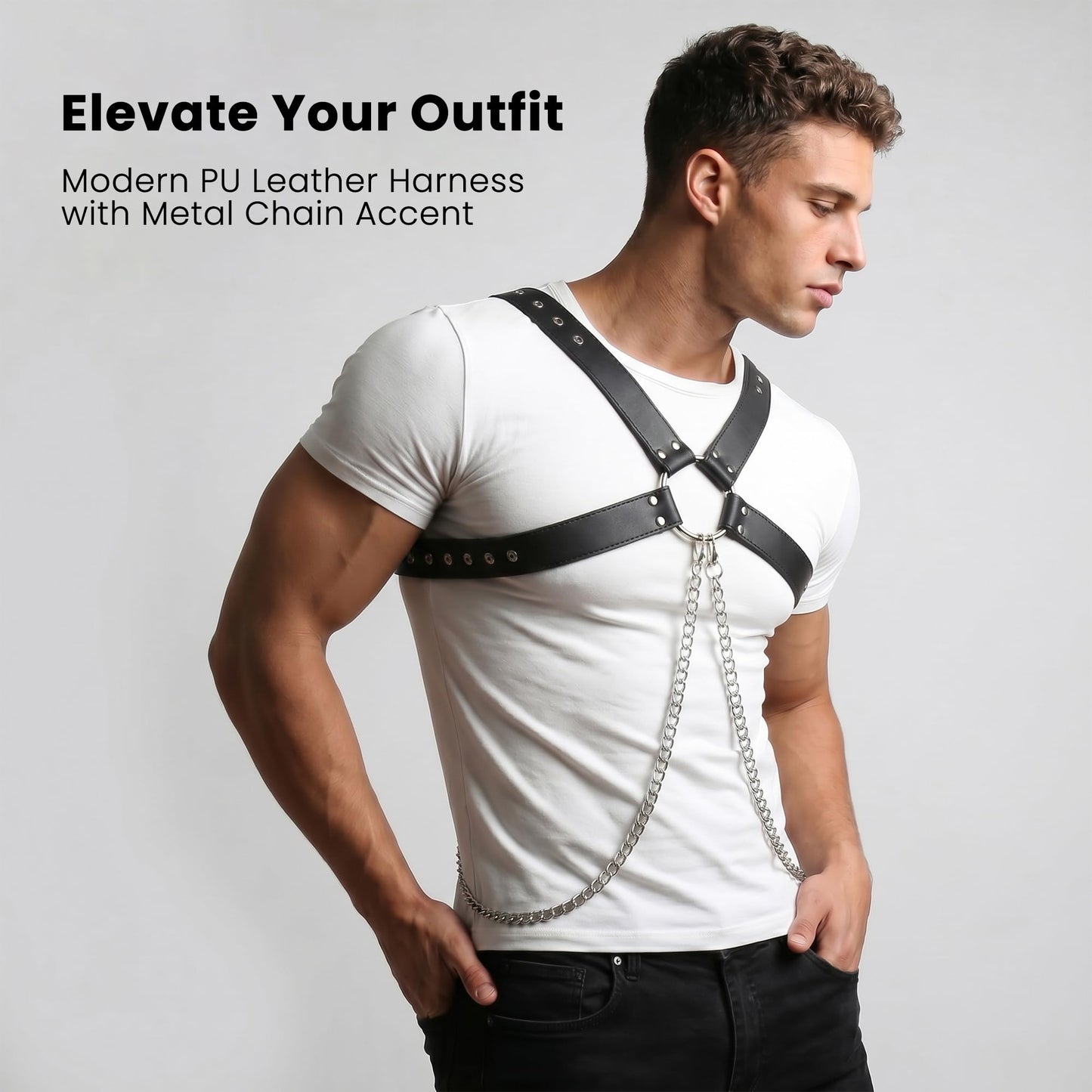 Brycarely Mens PU Leather Chest Harness Chains Costume Cosplay Top, Adjustable Body Harness Shoulder Straps Male Punk Fashion Steatement Rave Outfit for Music Festival Party Halloween Cosplay D167