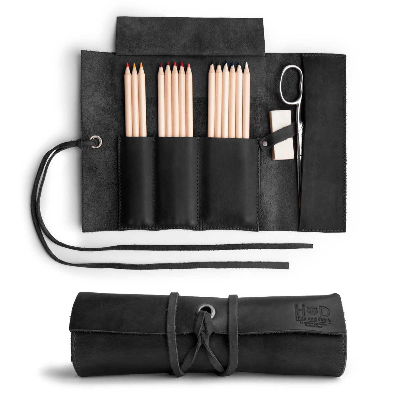 Hide & Drink, Rustic Pencil Roll Pouch, Multi-Purpose Storage Wrap for Scissors, Earphones, Organizer for Craft, Full Grain Leather, Handmade, Charcoal Black