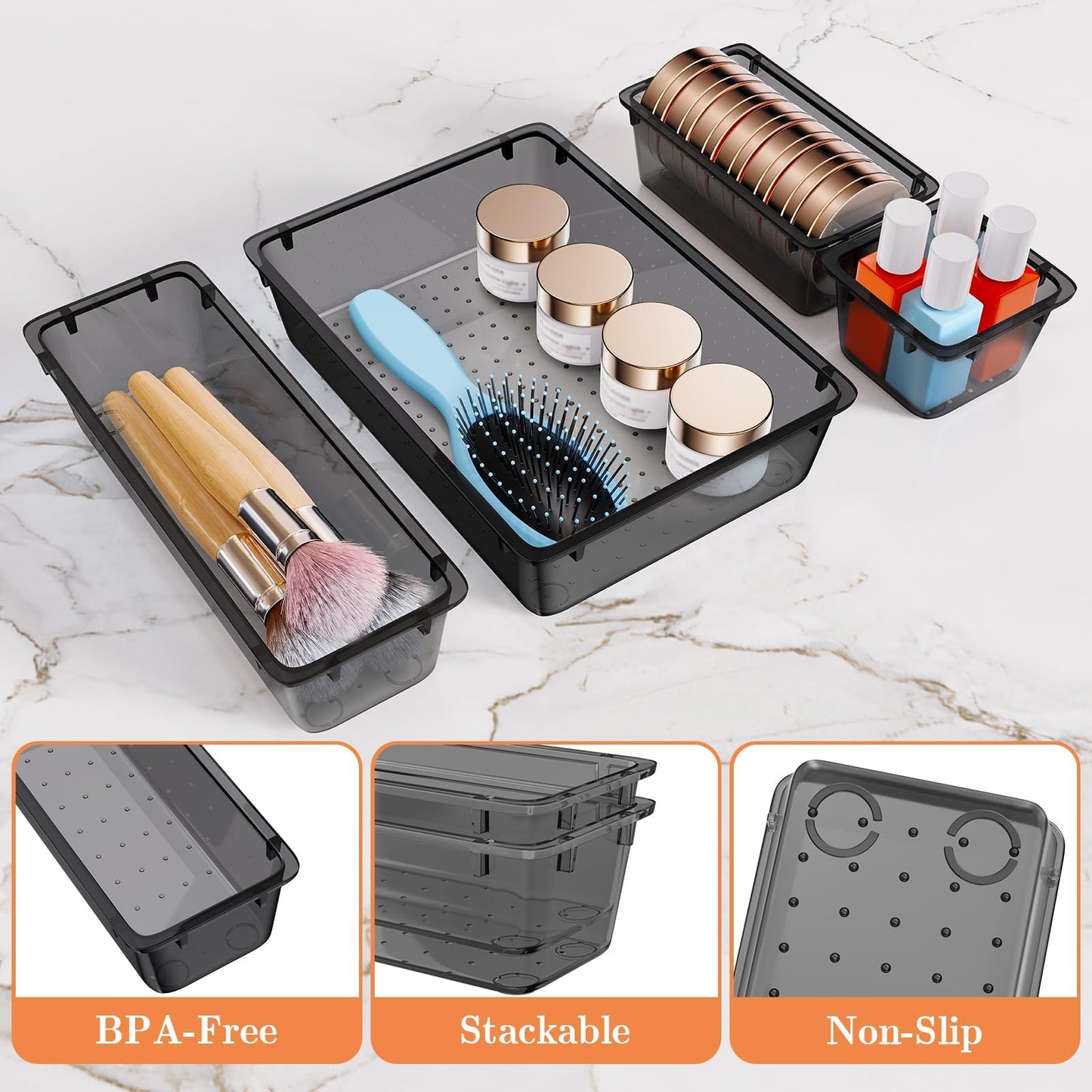 SpaceHacks 25 PCS Plastic Drawer Organizer Set, 4-Size Versatile Organizer Trays & storage Bins for Makeup, Jewelry, and Gadgets in Bathroom, Bedroom and Office,Clear Black