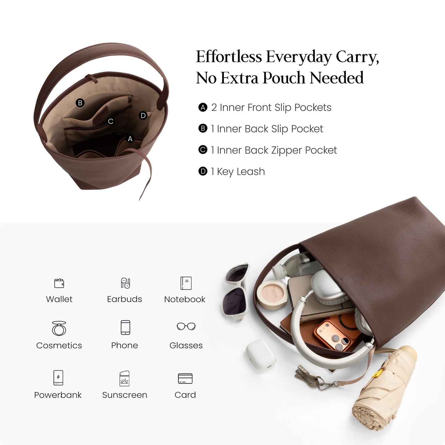 befen Coffee Brown Bucket Tote Bag for Women, Genuine Leather Shoulder Bag, Large Capacity Everyday Purse for Office and Everyday Use