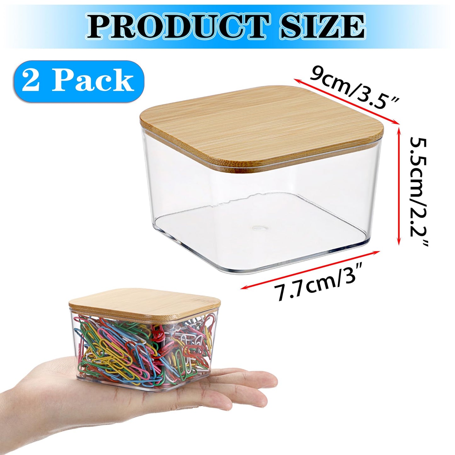 BTSKY 2 Pack Clear Stackable Paper Clip Holder with Bamboo Lid Paperclip Box Plastic Cute Office Supply Accessory Organizer Square Small Storage Holder Cute Qtip Holder for Office Bathroom Vanity