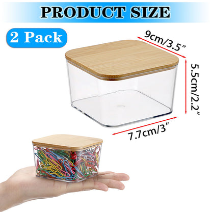 BTSKY 2 Pack Clear Stackable Paper Clip Holder with Bamboo Lid Paperclip Box Plastic Cute Office Supply Accessory Organizer Square Small Storage Holder Cute Qtip Holder for Office Bathroom Vanity