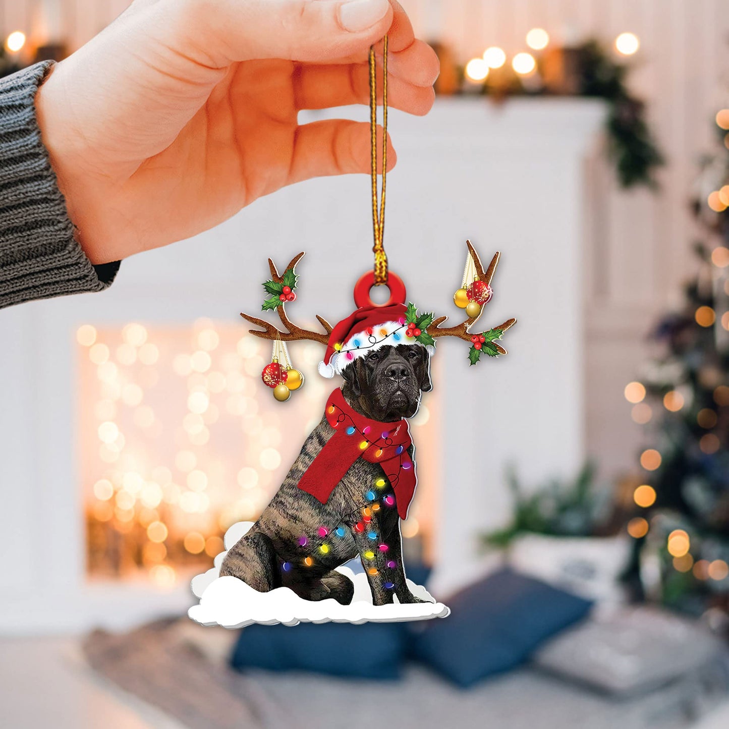 Talataca Brindle English Mastiff Christmas Hat Reindeer With String Light 2D Flat Car Rear View Mirror Accessories Christmas Tree Ornament Decoration Hanging Charm Interior Rearview Pendant Decor Gift