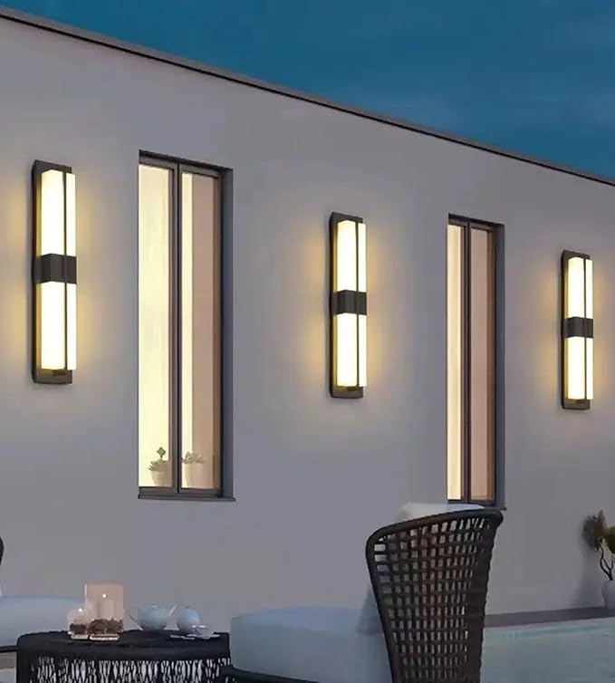 LED Outdoor Wall Lights Fixture Lamps. Modern Elegant Acrylic lampshade with Marble Texture, Aluminum Body. Exterior Black Sconce Wall Lantern IP65 Waterproof Anti Rust. (Modern LED Black 24''H, 12W)